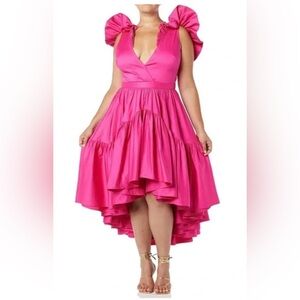 Making the Cut Hot Pink Ruffle Tiered Maxi Dress V Neck Tie Back Occasion Party